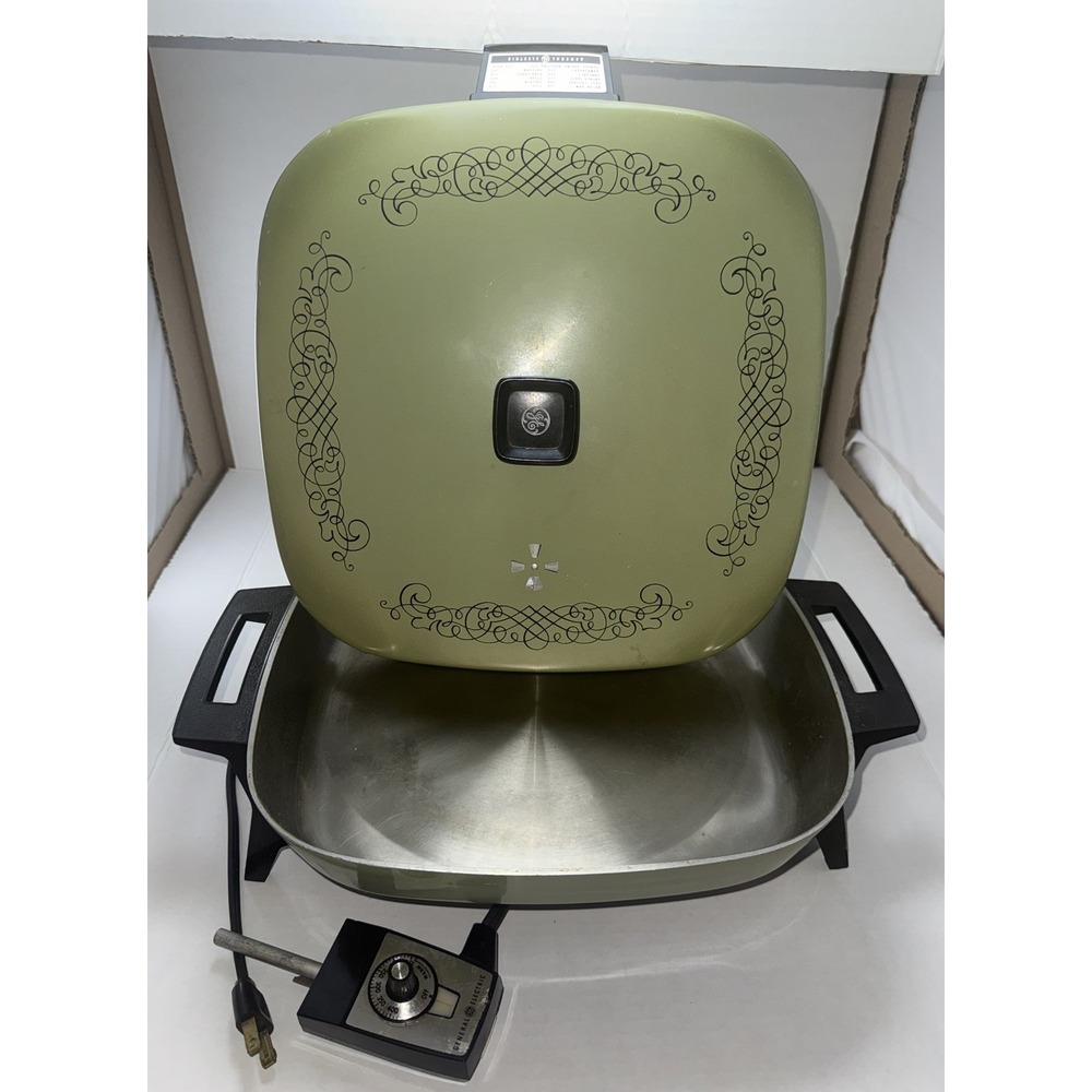 1970s General Electric 12x12 Electric Skillet Avocado Green STAINLESS STEEL Rare